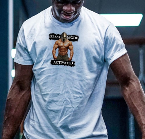 Man modeling a white t-shirt with our "BodyBuilder, Beast Mode Activated" graphic print design.