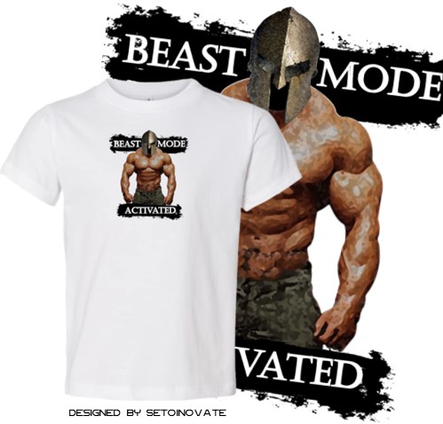 Mock up sample white t-shirt, with our "BodyBuilder, Beast Mode Activated" graphic print design. In addition, a close up sample view of the graphic design.