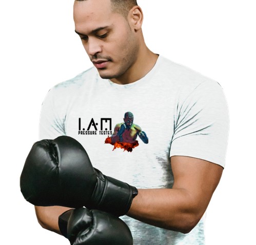 Boxer wearing white T-shirt with the pressure tested design