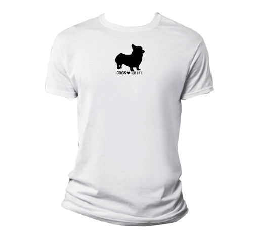 Mockup sample of a white t-shirt with the Corgi graphic print design.