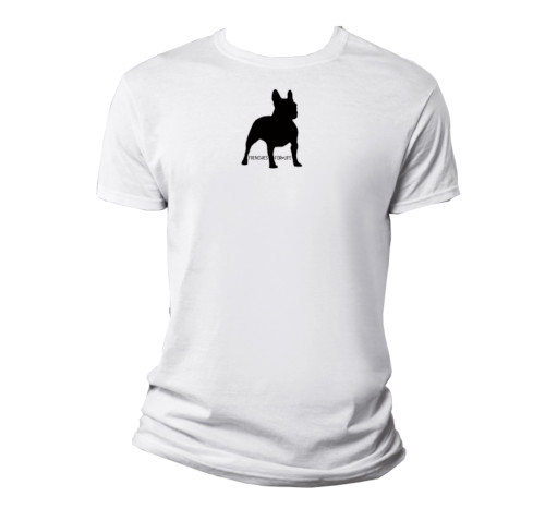 Mockup sample of a white t-shirt with the frenchie graphic print design.