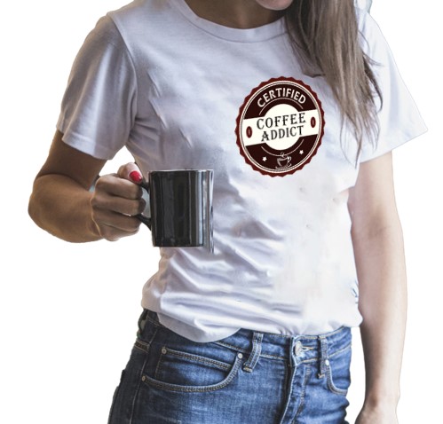 Girl wearing white t-shirt with coffee addict design