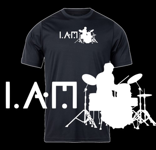 Mock up sample black t-shirt, with our "I.AM.collection, silhouette of a drummer" graphic print design. In addition, a close up sample view of the graphic design.