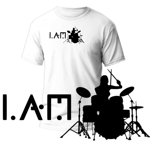 Mock up sample white t-shirt, with our "I.AM.collection, silhouette of a drummer" graphic print design. In addition, a close up sample view of the graphic design.