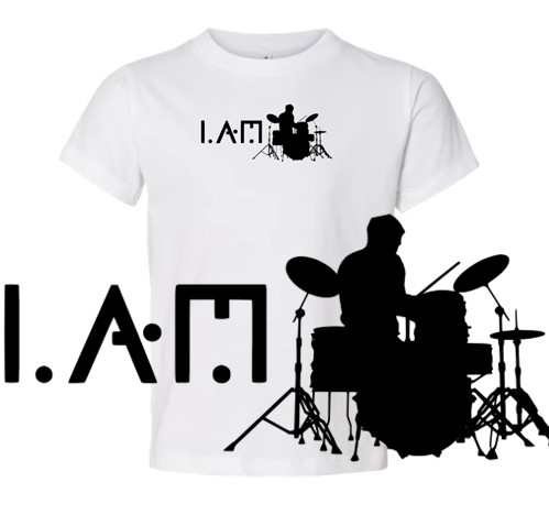 Mock up sample white t-shirt, with our "I.AM.collection, silhouette of a drummer" graphic print design. In addition, a close up sample view of the graphic design.