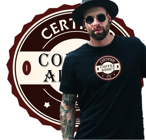 Man wearing black t-shirt with coffee addict design