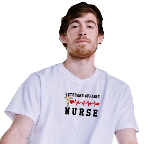 Man wearing white t-shirt with VA Nurse design