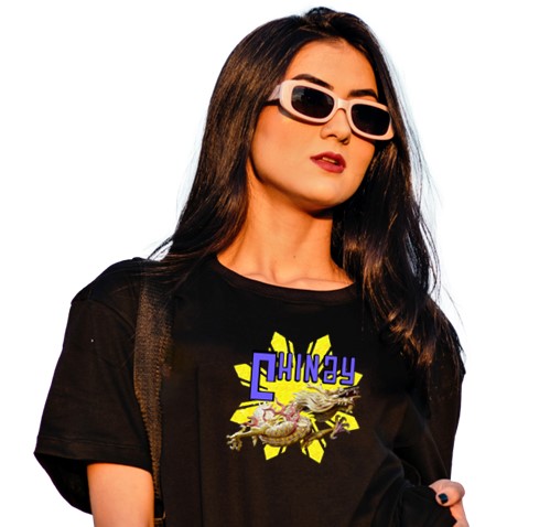 Model wearing black Tshirt with Chinay Dragon graphic print design