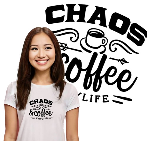 Model wearing white t-shirt with coffee and chaos graphic