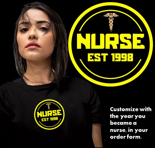 Nurse wearing black t-shirt with the Nurse established year design