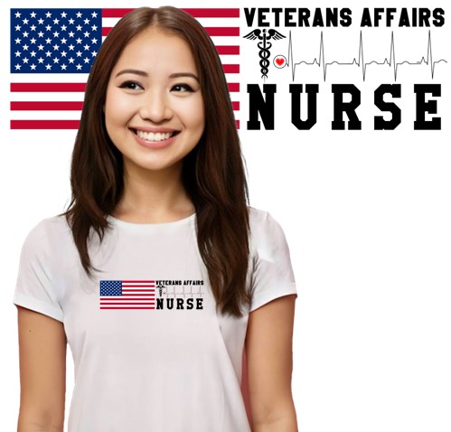 Nurse wearing white t-shirt with the VA Nurse USA Flag design