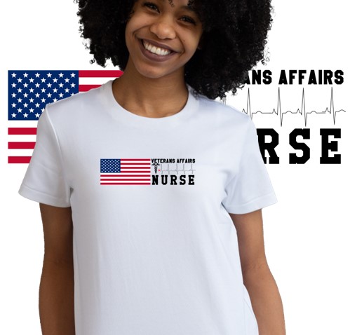 Nurse wearing white t-shirt with the VA Nurse USA Flag design