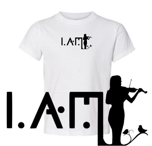 Mock up sample white t-shirt, with our "I.AM.collection, silhouette of a violinist graphic print design. In addition, a close up sample view of the graphic design.