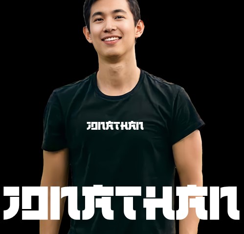 A model wearing a black t-shirt with lettering in white font color.