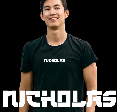 A model wearing a black t-shirt with lettering in white font color.