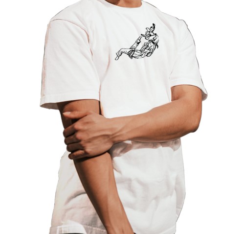 Model wearing a white t-shirt with the Judo throw design