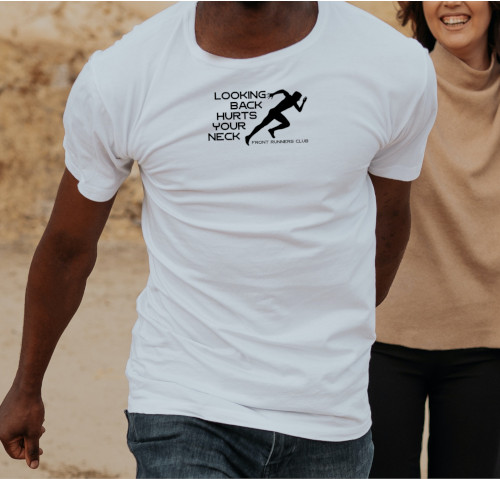 Man modeling a white t-shirt with the Runner's graphic print design.