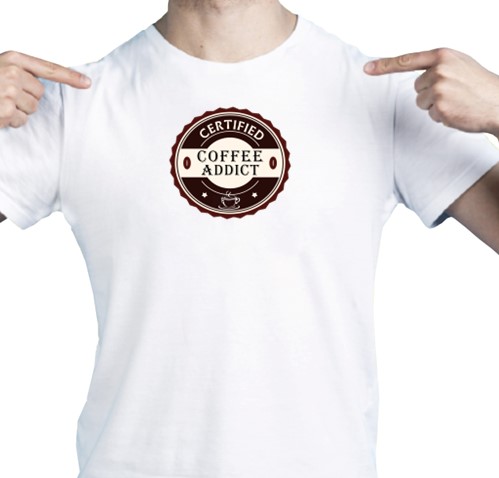 man wearing white t-shirt with coffee addict design