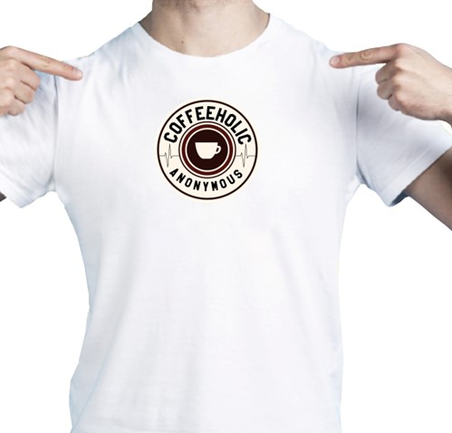 man wearing white tshirt with coffeeholic anonymous design