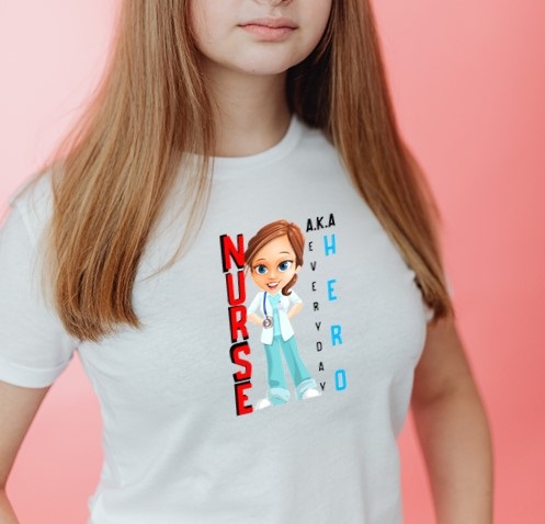 Woman modeling a t-shirt with the "Everyday Hero, NURSE" graphic print design.