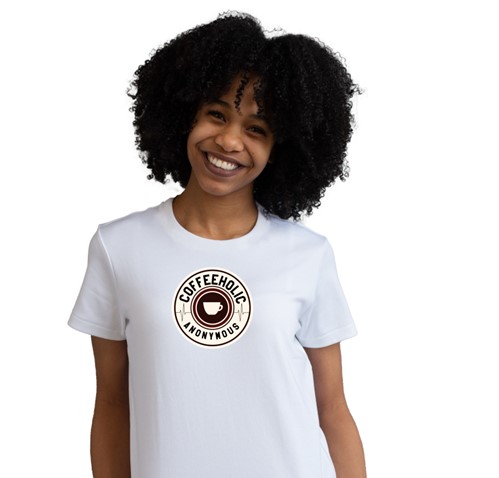 woman in white tshirt with coffeeholic anonymous design